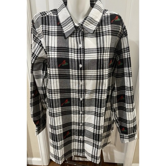 Collections Etc Tops - Collections Etc Button Up Plaid Shirt Women's XXL Red Embroidered Birds Holidays